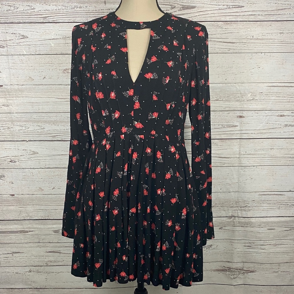 Free People Long Sleeve Keyhole Neckline Black Dress with Red Floral Pattern